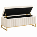 Banquette coffre de rangement 120 x 45 x 50 cm en tissu bouclette beige avec piètement métal doré - style contemporain
