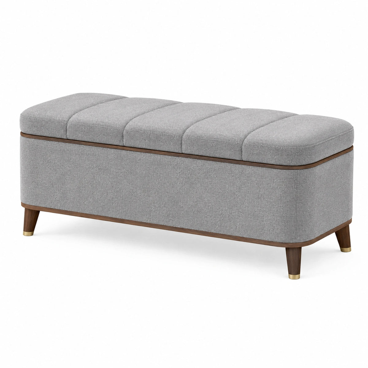 Banc coffre 140 x 45 x 48 cm en tissu gris avec pieds en bois style contemporain
