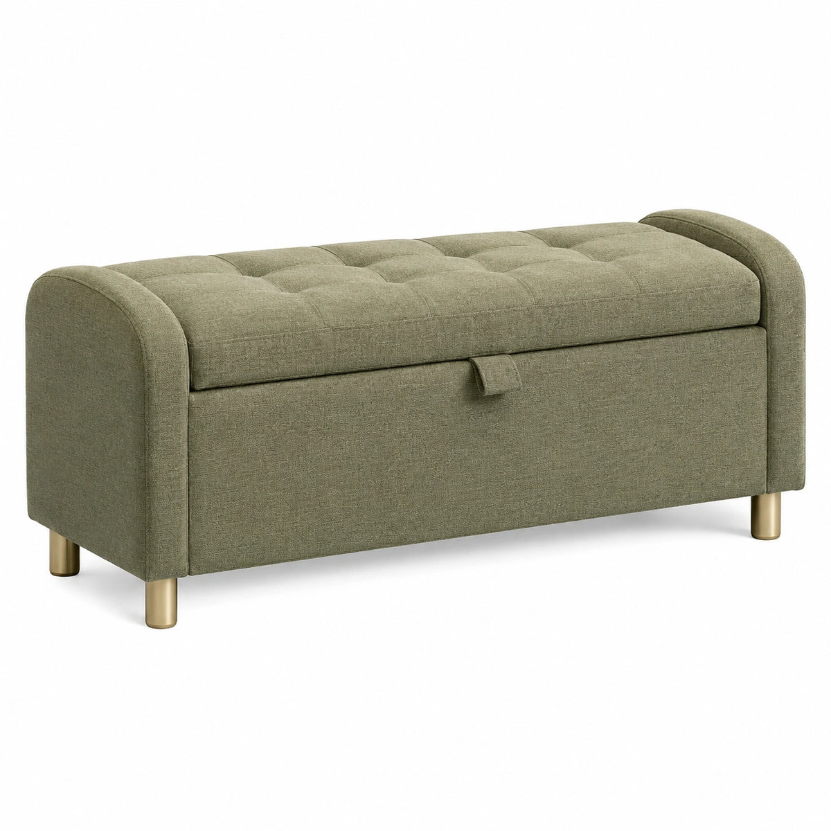 Banc coffre 120 cm en tissu vert kaki avec assise capitonnée pour rangement