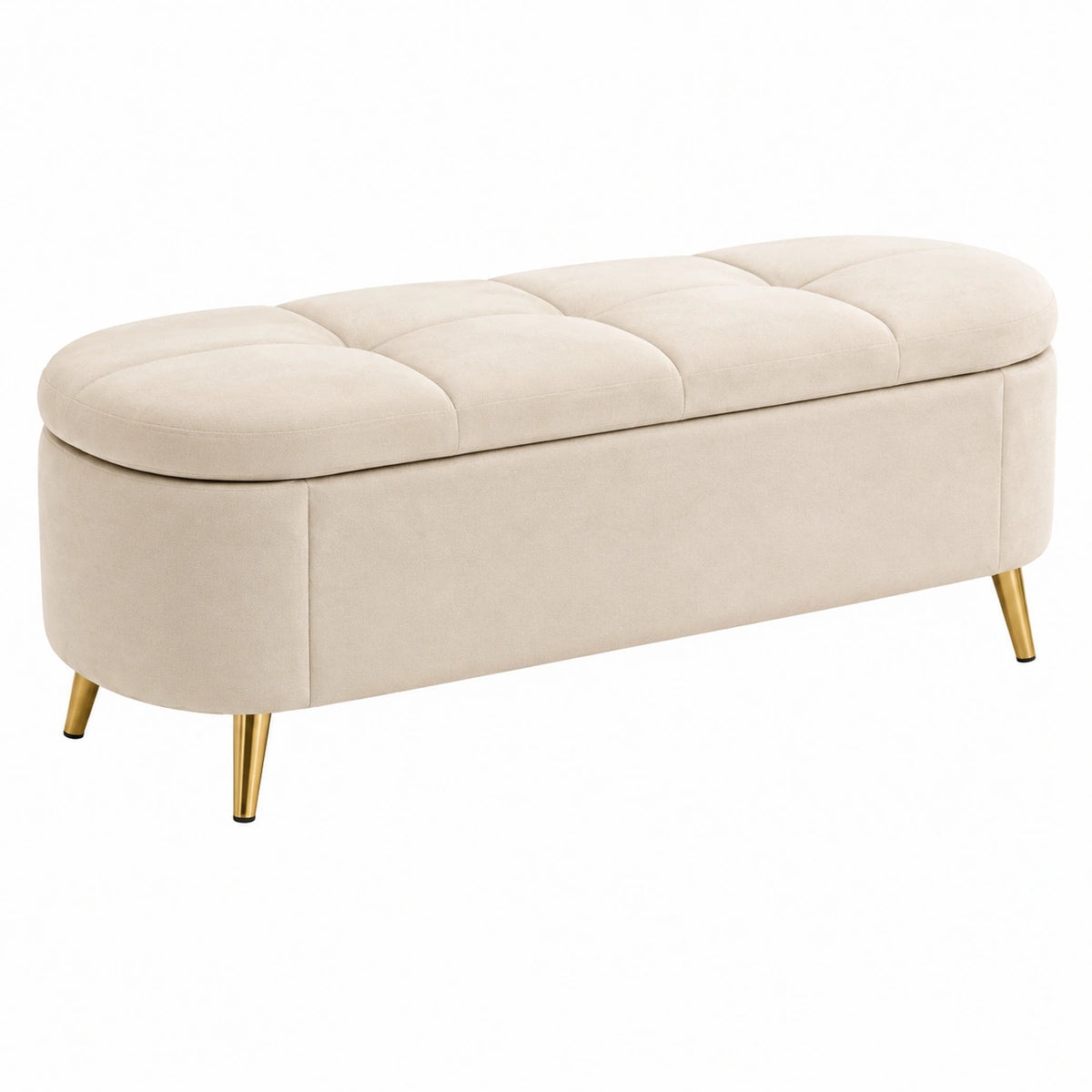Banc de rangement 120 x 45 x 48 cm en velours beige avec pieds métalliques dorés style moderne