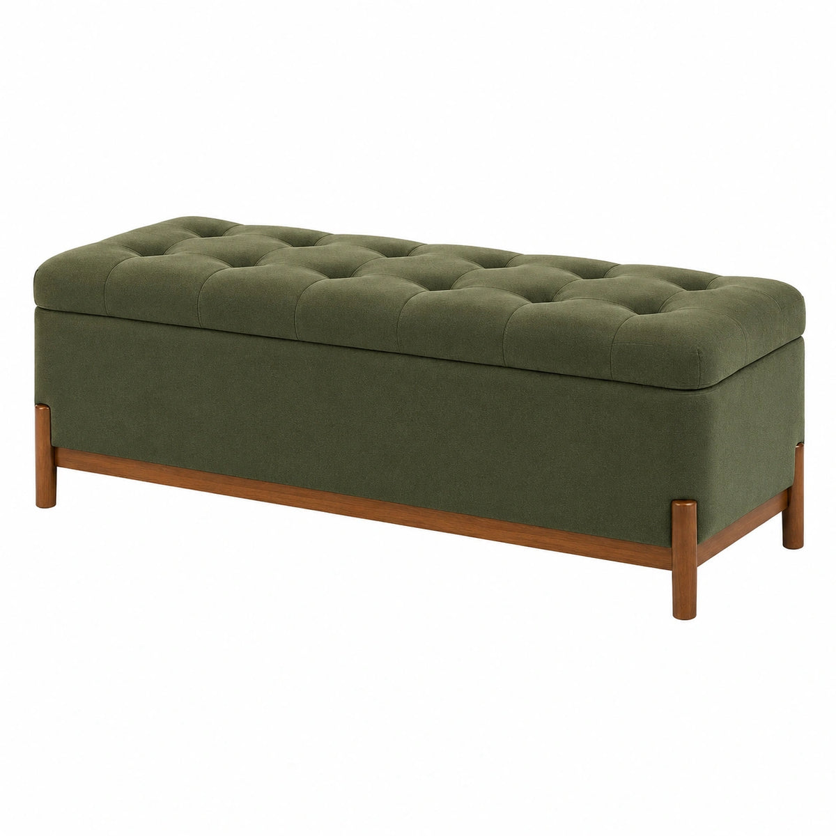 Banc coffre 120 x 45 x 45 cm en tissu vert avec pieds en bois capitonnage