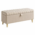 Banc coffre de rangement 120 cm en tissu beige avec pieds métalliques dorés capitonné