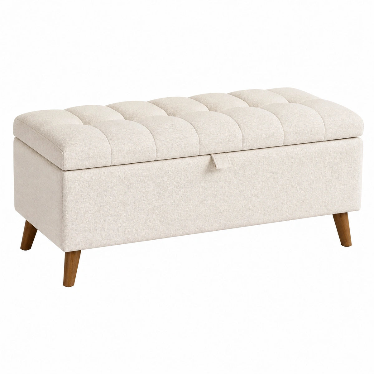 Banc de rangement 120 cm en tissu bouclette crème avec pieds en bois style contemporain