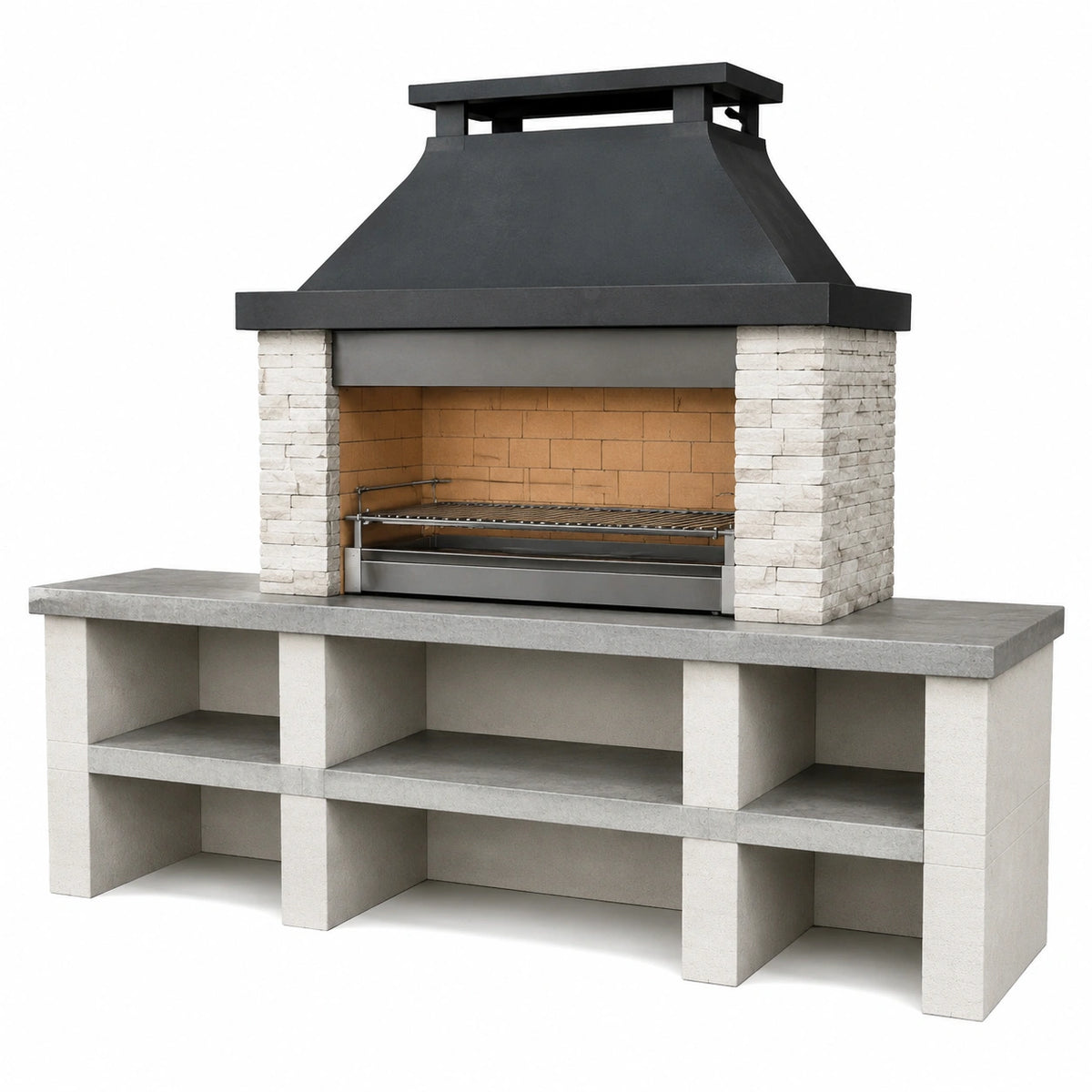 Barbecue de jardin 220 x 70 x 245 cm en béton pierre et acier noir gris fixe avec rangement
