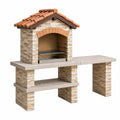 Barbecue de jardin 220 x 70 x 210 cm en pierre beige avec grille en acier et toit terre cuite