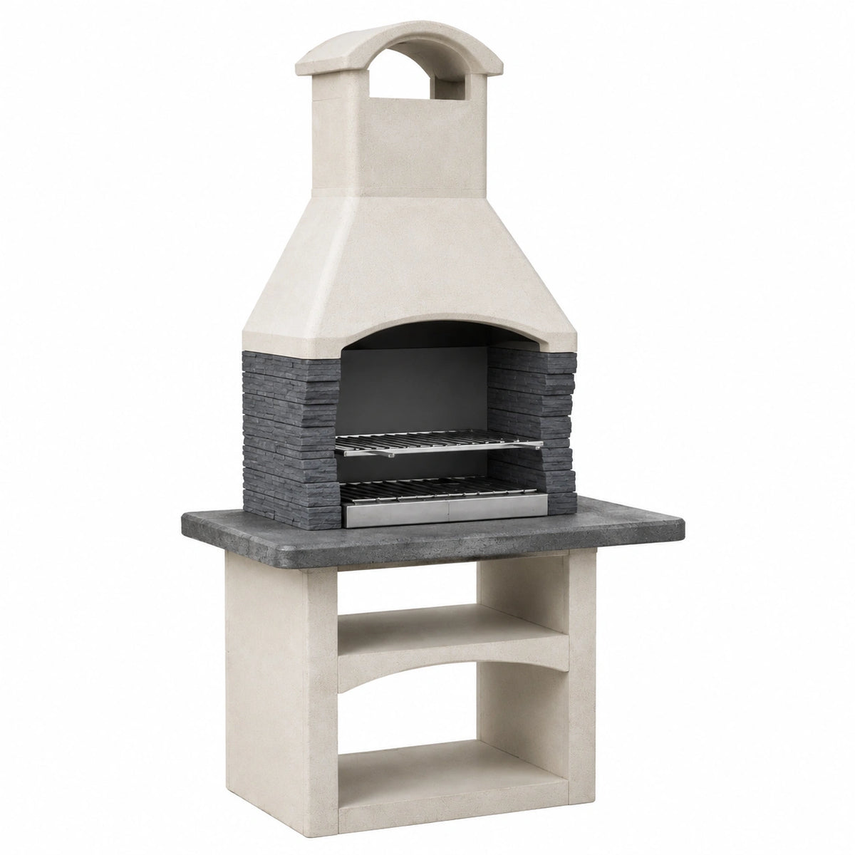 Barbecue de jardin 120 x 70 x 220 cm en béton beige et pierre grise avec cheminée et grilles réglables