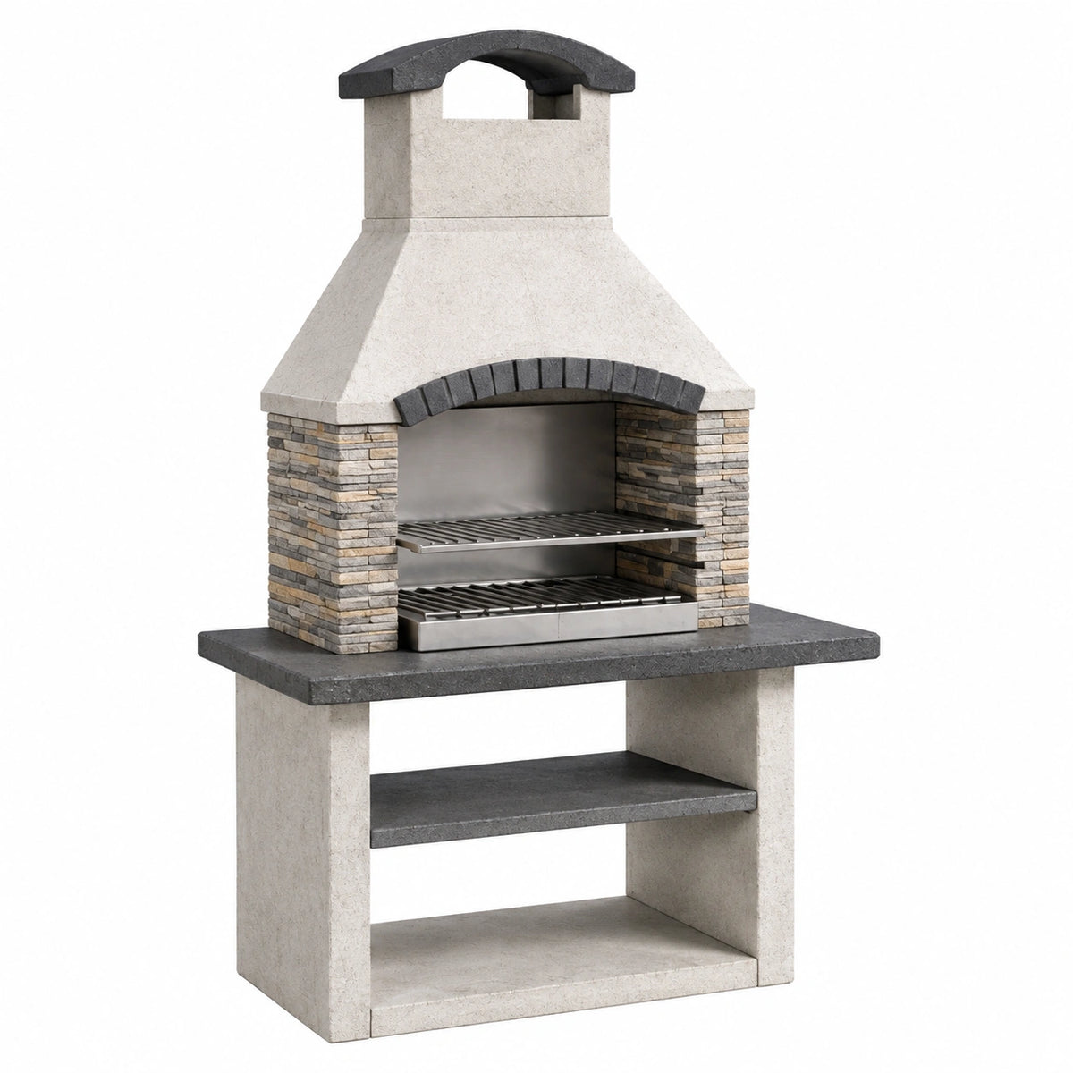 Barbecue de jardin 120 x 70 x 220 cm en béton gris et pierre avec grille en acier style traditionnel