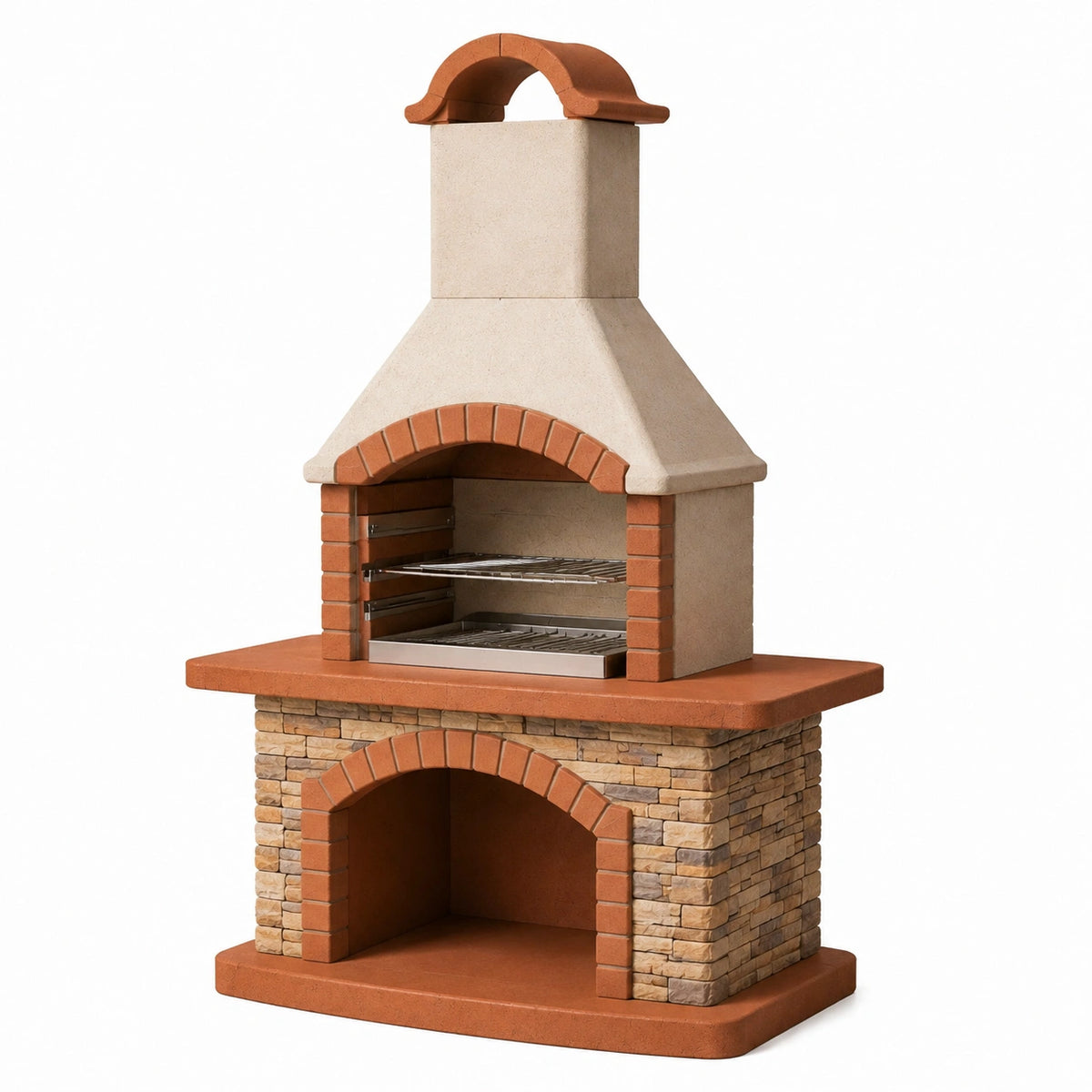Barbecue de jardin 120 x 70 x 210 cm en béton beige et brique terre cuite avec grilles réglables