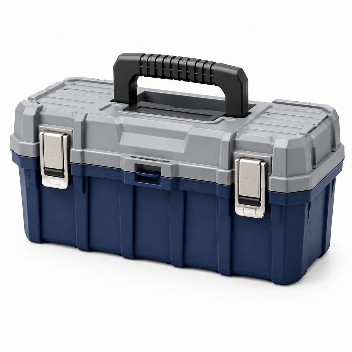 Boîte à outils 50 x 25 x 25 cm en plastique bleu et gris avec poignée et fermetures métalliques