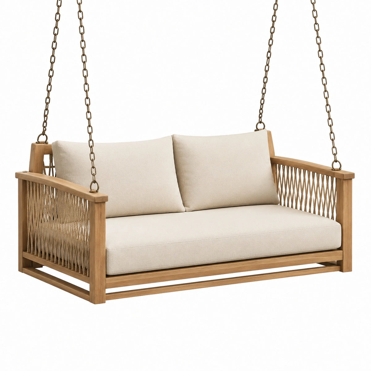 Balancelle suspendue 2 places 130 x 70 x 65 cm en bois et cordage beige pour extérieur style bohème