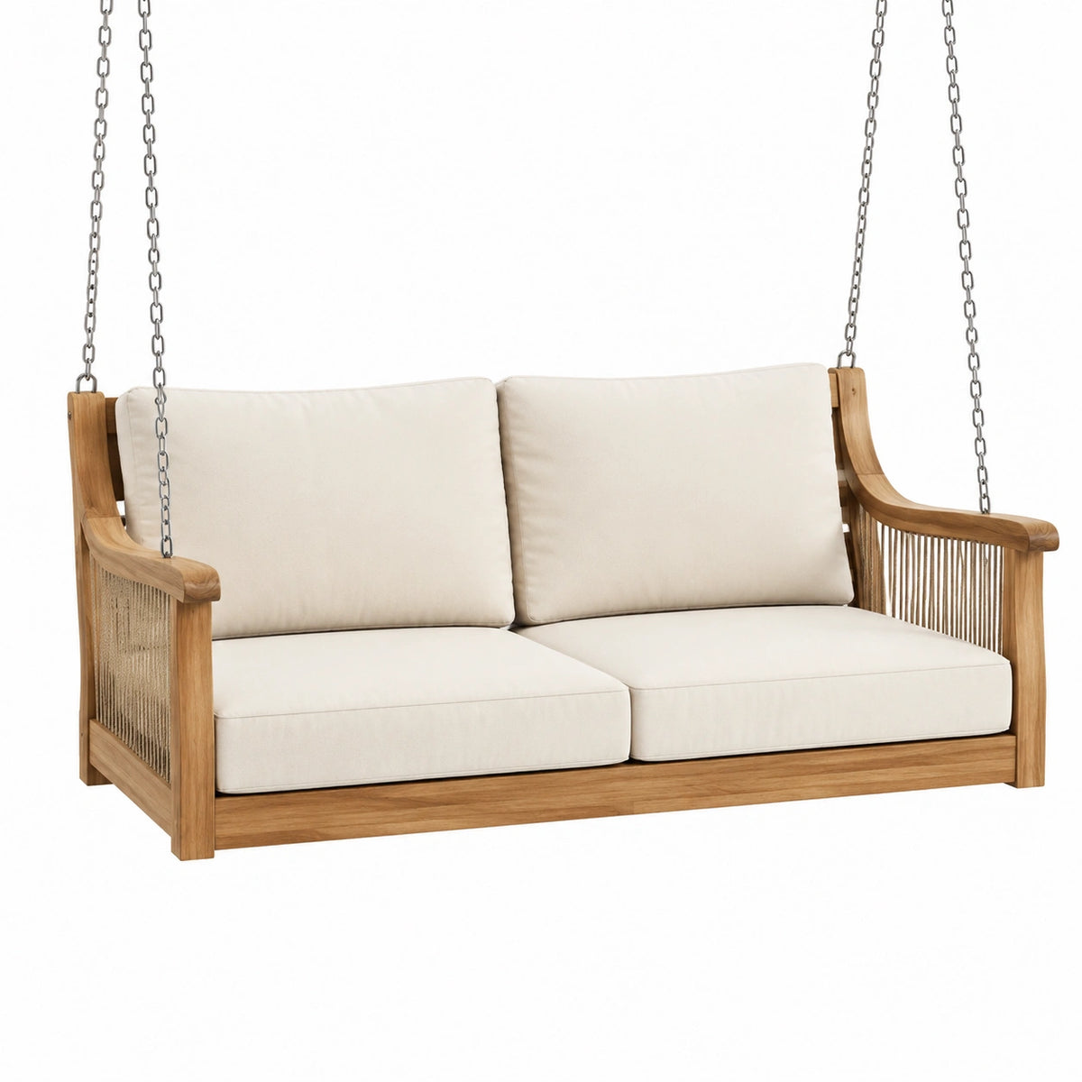 Balancelle de jardin 2 places 150 cm en bois naturel et textile écru suspendue