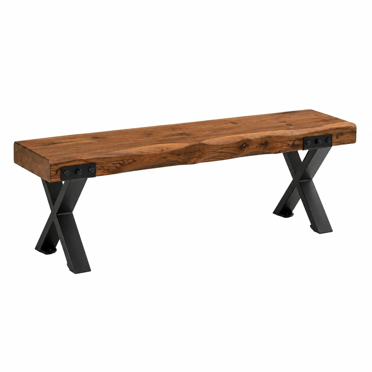 Banc 180 cm en bois brun et métal noir style industriel à piètement croisé