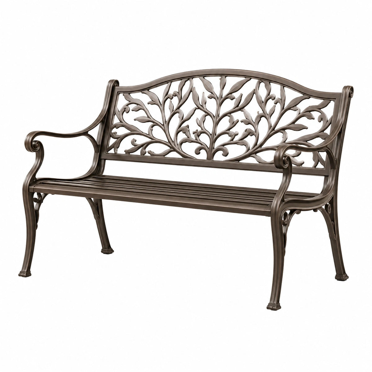 Banc de jardin 120 cm en métal brun à dossier ajouré style classique