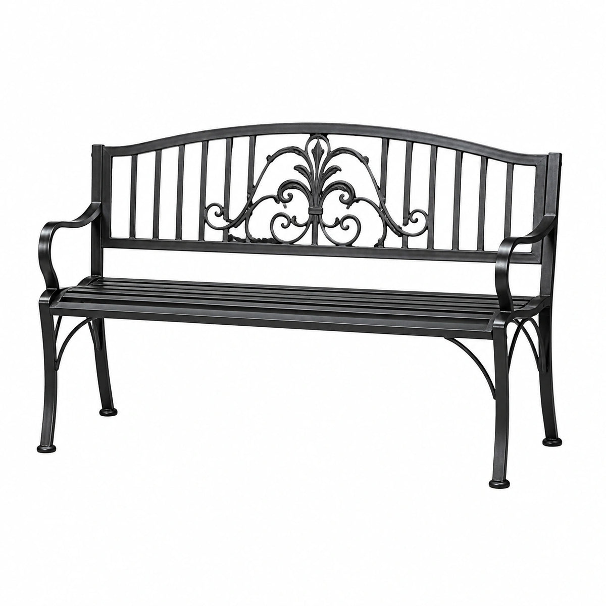 Banc de jardin 125 x 62 x 90 cm en métal noir à dossier décoratif classique
