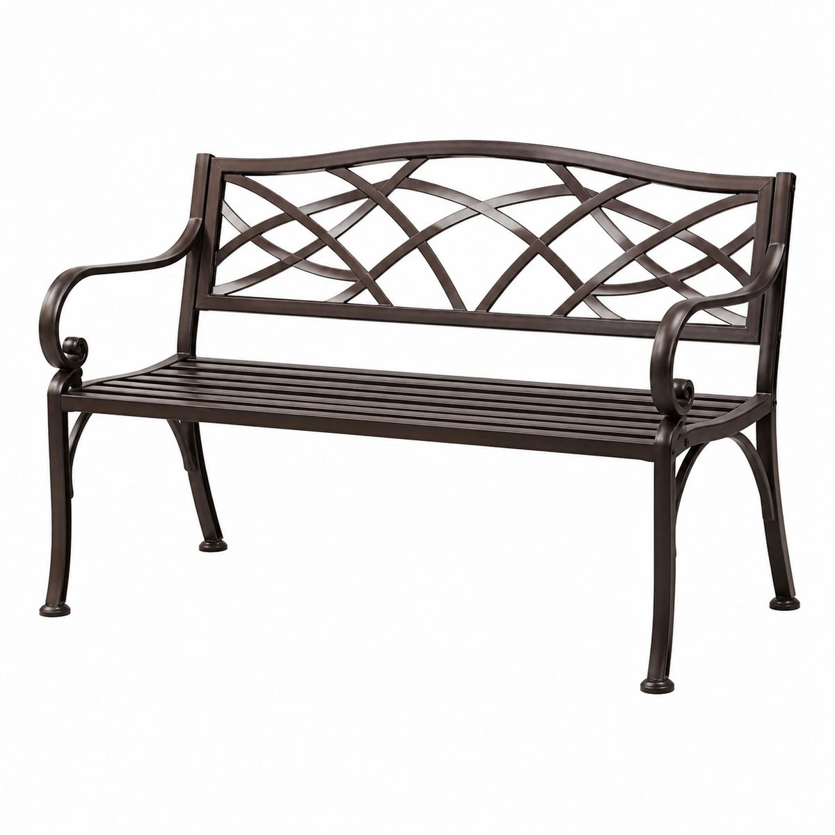 Banc de jardin 122 cm en métal brun foncé à accoudoirs décoratif